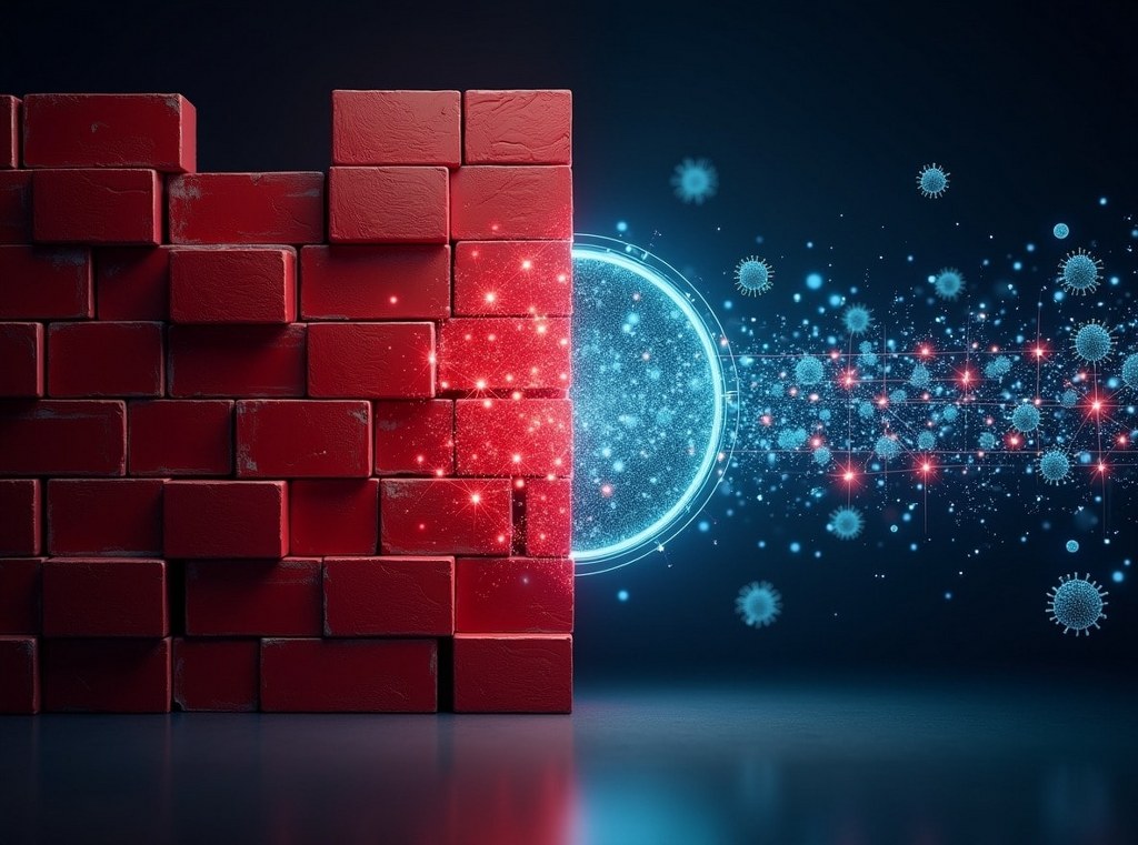A split image shows a brick wall letting small threats through, while a digital mesh filters them out, comparing network firewalls and WAFs.