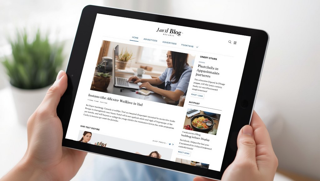 A tablet displaying a clean, modern blog layout.