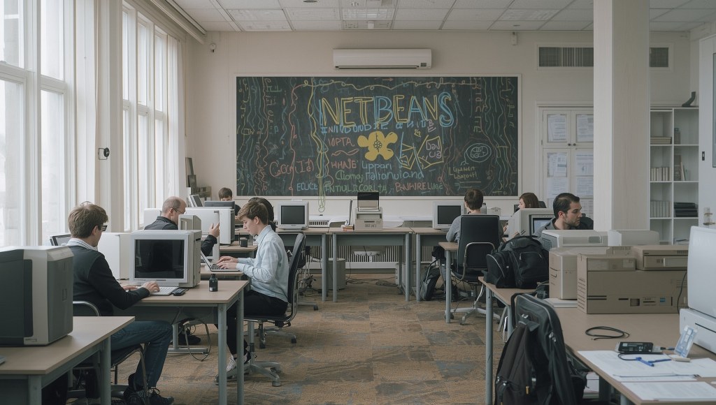 A university or classroom setting with a few students coding on early computers or laptops.