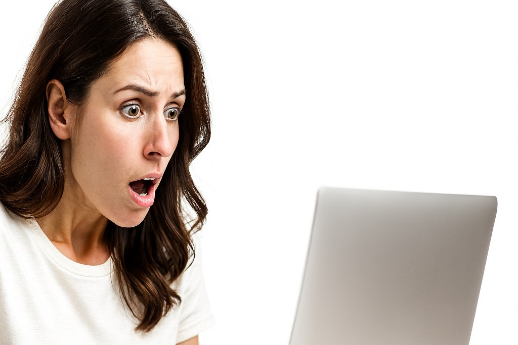 A woman looking at her laptop in shock.