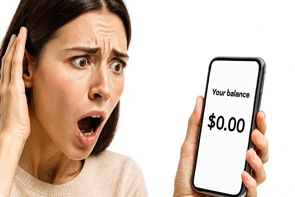A woman shocked to find 0 account balance.