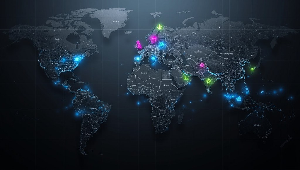 A world map with glowing server icons across different regions, symbolizing offshore data centers.