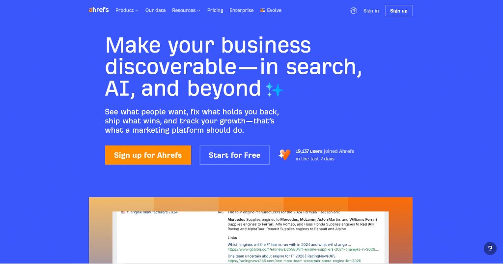 Ahref's website homepage.