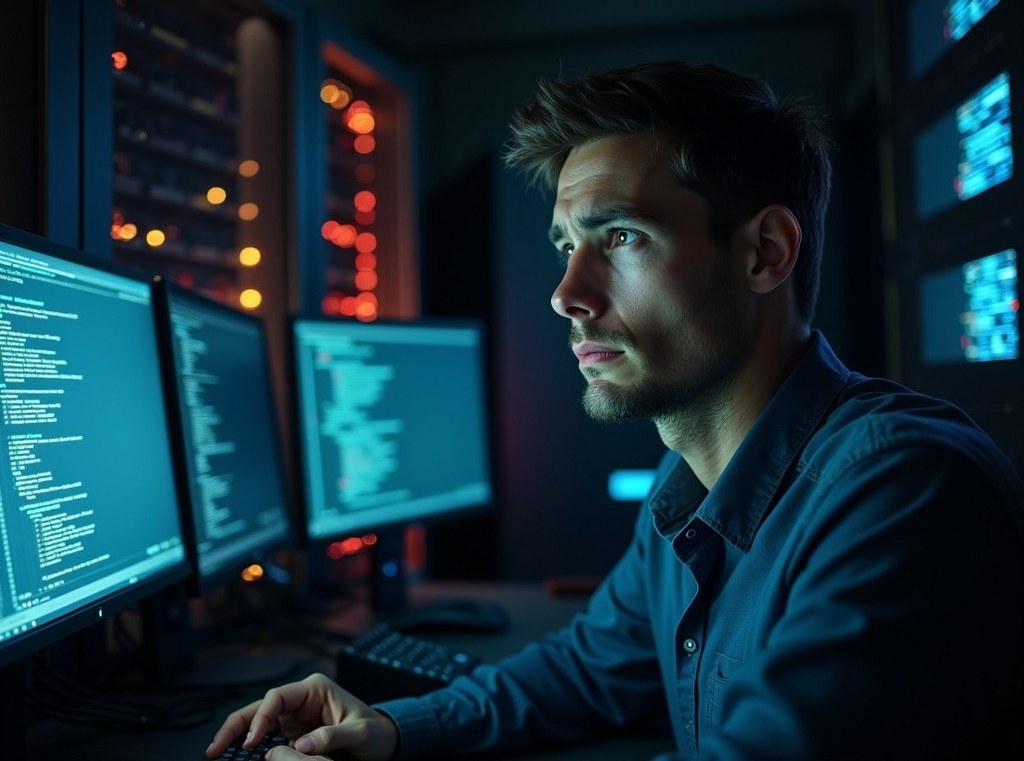 An IT professional looks stressed while managing complex server configurations in a data center.