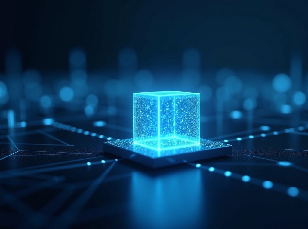 An abstract image of an isolated, glowing cube in a protective sphere, representing the concept of a secure private cloud.