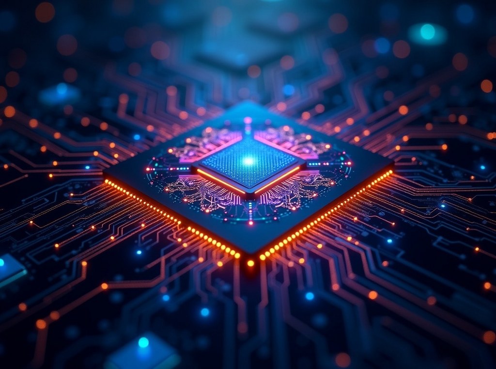 An abstract visualization of a processing core handling big data analytics with glowing neural networks.