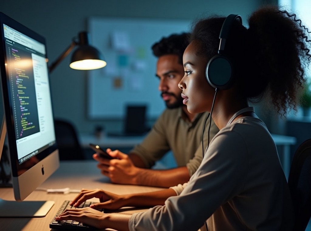 An accessibility expert with headphones on tests a website using keyboard navigation as a colleague observes.