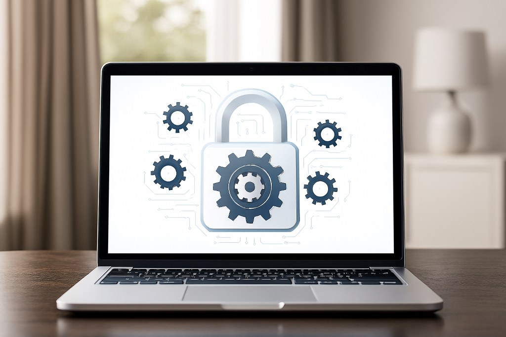 An illustration of web security automation on a laptop.