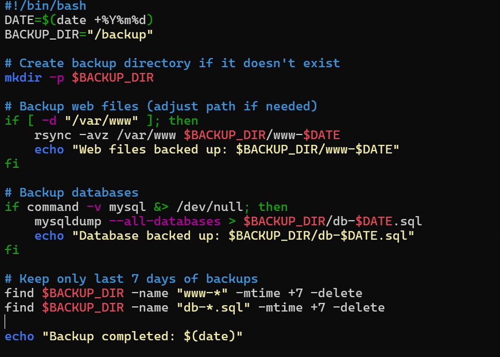Bash backup script automating website and MySQL database backups on a Linux VPS