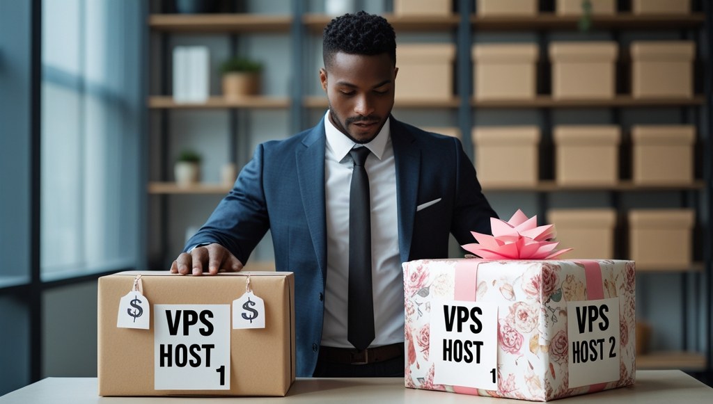 Businessman comparing VPS hosting providers and pricing options