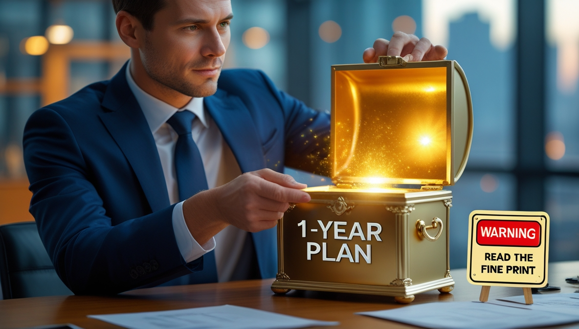 Businessman reviewing one year plan offer with fine print warning