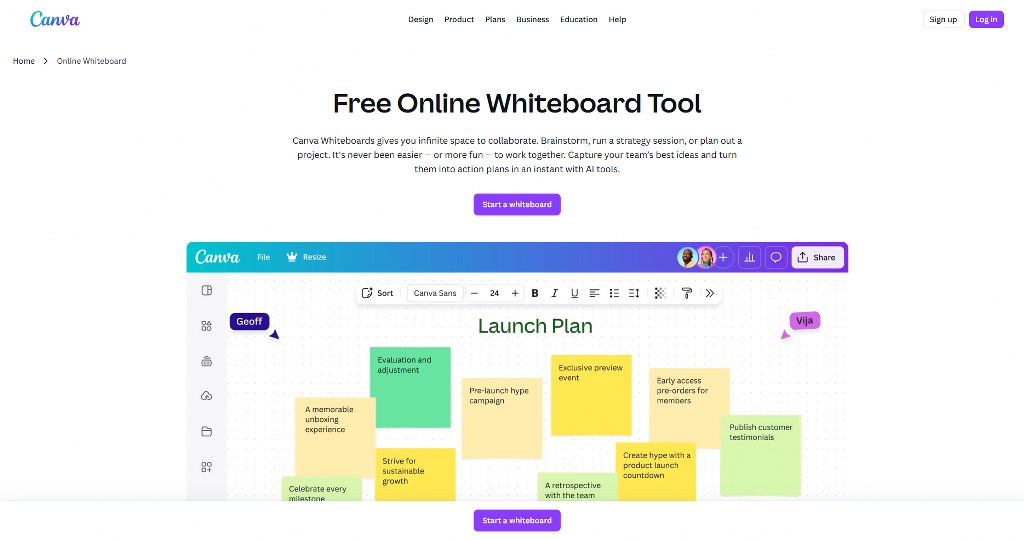 Canva Whiteboards homepage.