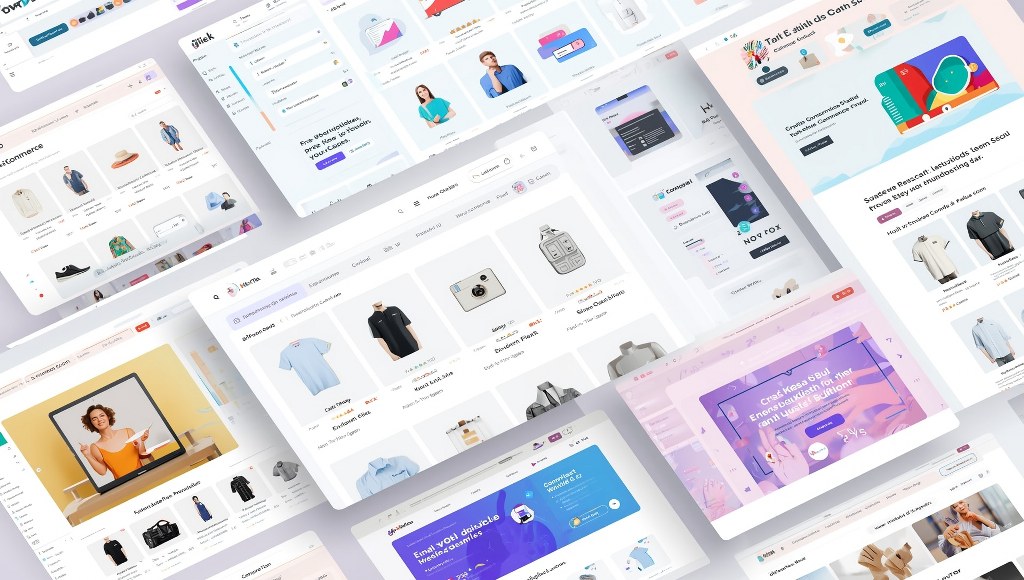 Collection of WooCommerce website interfaces displayed on multiple screens.