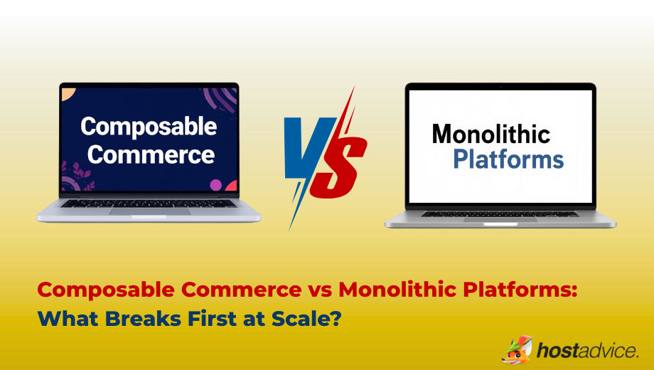 Composable Commerce vs Monolithic Platforms text on the screen of a laptop