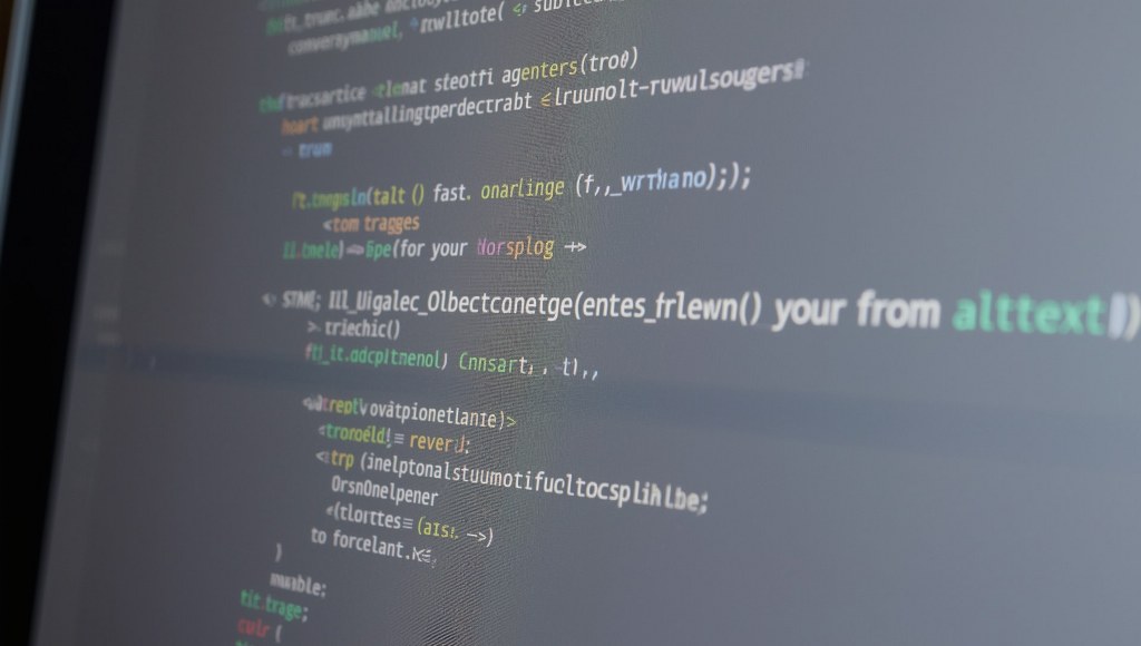 Computer screen close-up showing HTML code with an “alt text” description being typed.