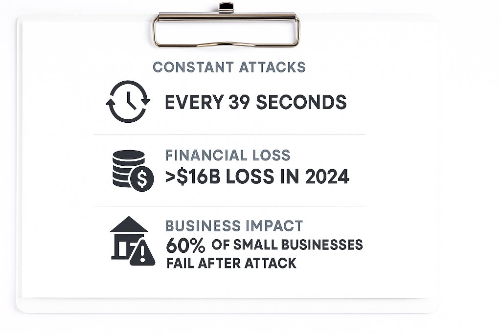 Cybercrime statistics on a clipboard.