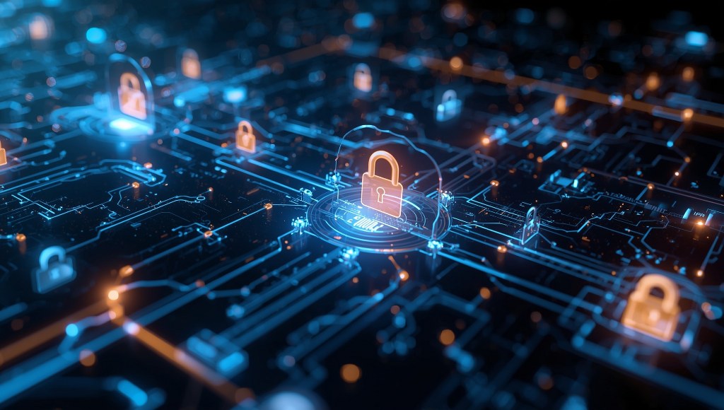 Data and identity protection, abstract digital shields.