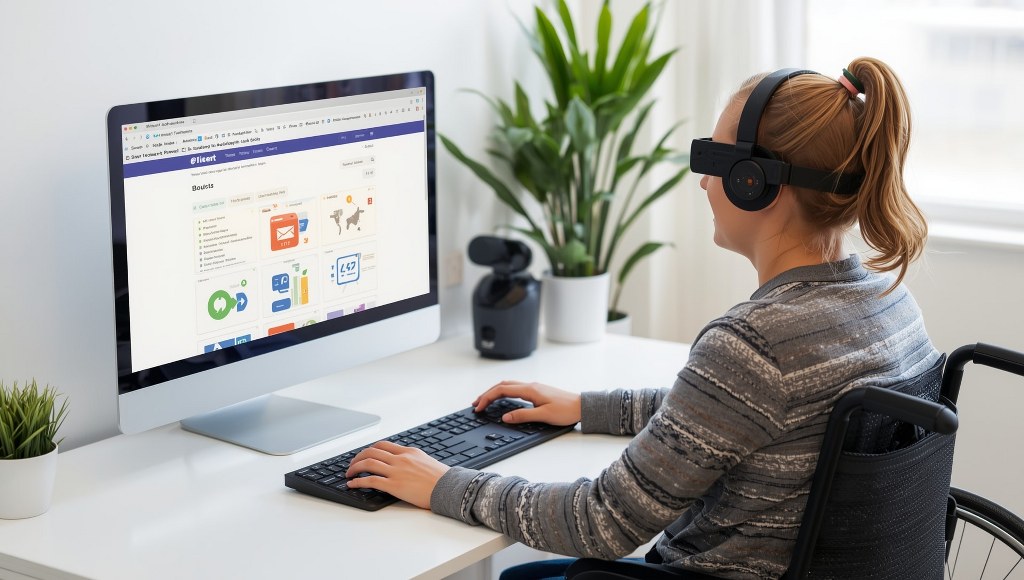 Disabled individual using head pointer to access computer.
