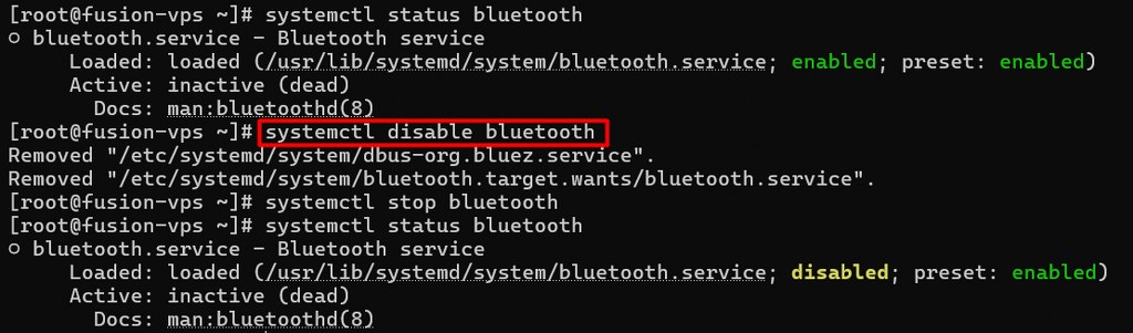 Disabling Bluetooth service on a Linux VPS using systemctl for performance optimization