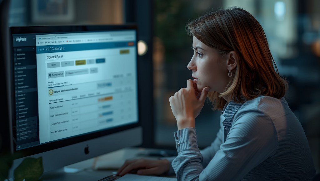 Female person thoughtfully considering their budget for a VPS control panel.