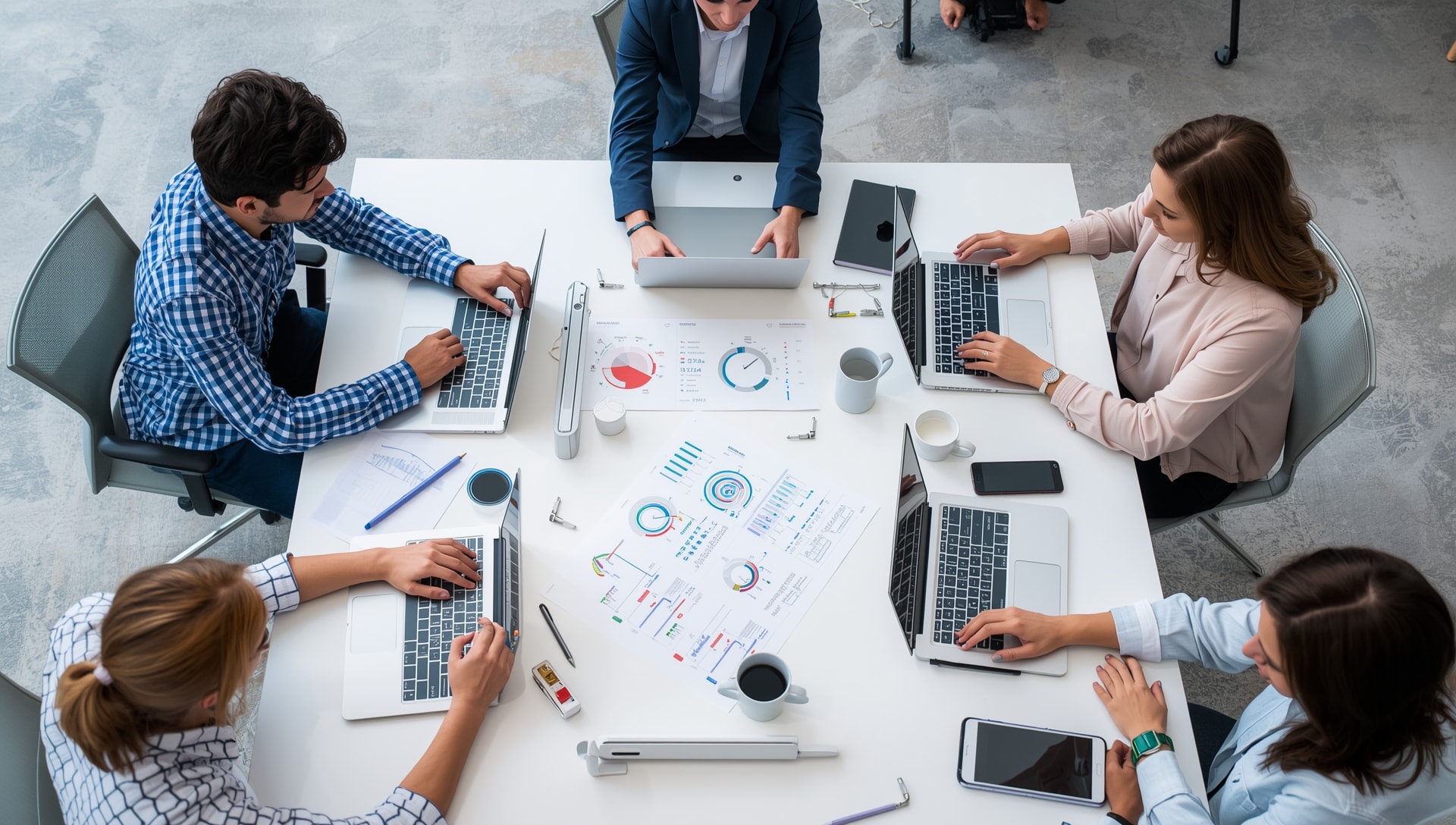 Group of employees working together at a desk.