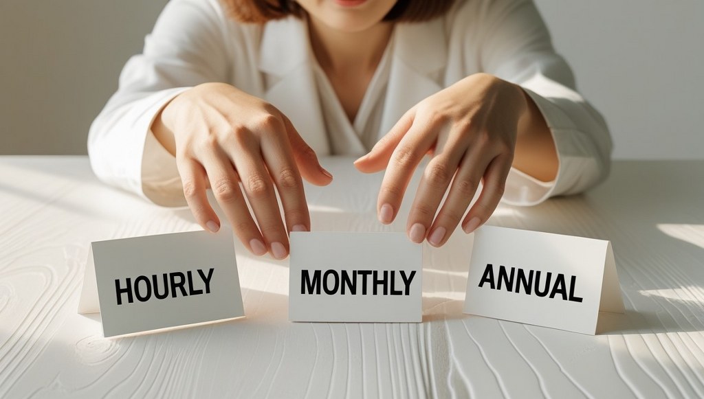 Hands choosing between hourly monthly and annual pricing options