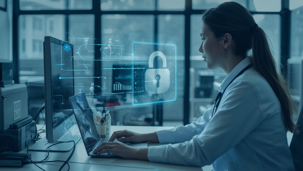 Healthcare professional accessing medical data encrypted files.