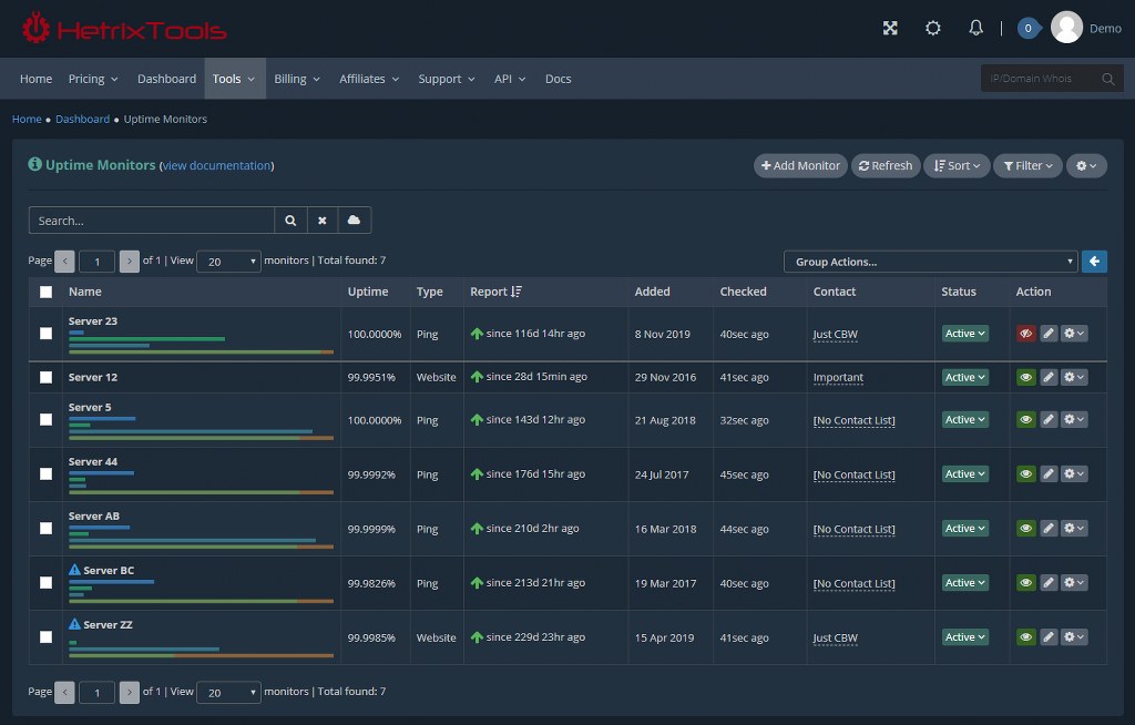 HetrixTools uptime monitoring dashboard listing server status