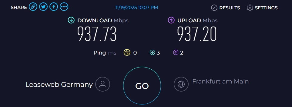 HostArmada VPS Speedtest showing 937 Mbps symmetric bandwidth with exceptional 0.49 ms idle latency to Frankfurt