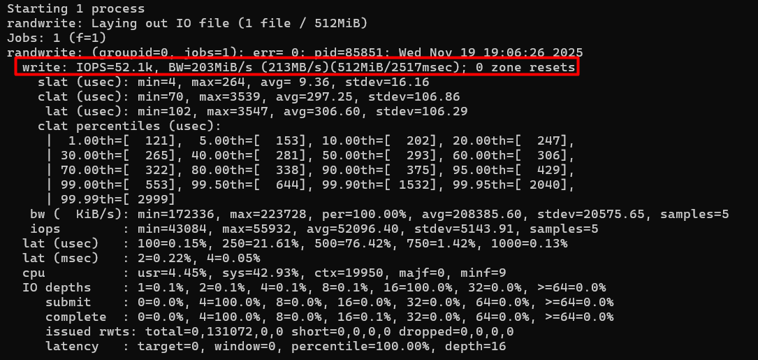 HostArmada VPS random write benchmark showing exceptional 52,100 IOPS performance