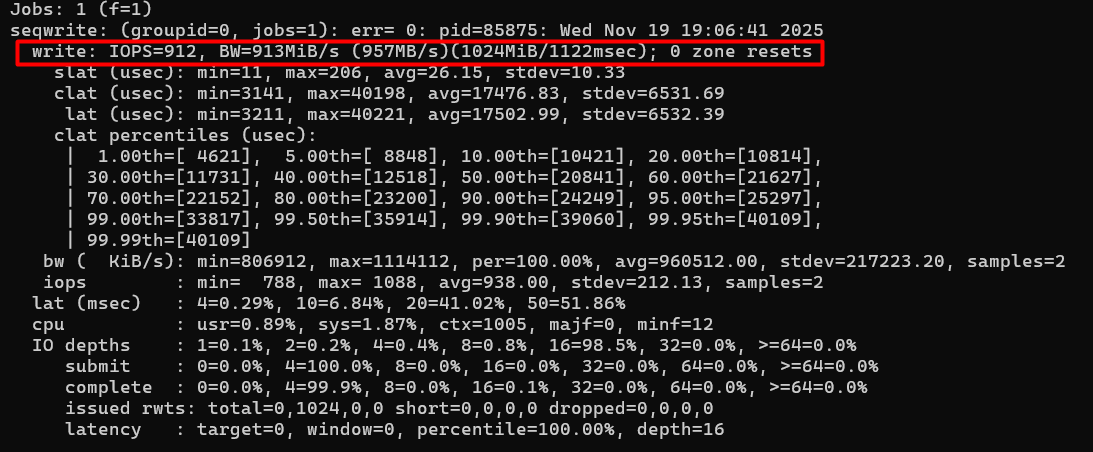 HostArmada VPS sequential write benchmark showing 912 MiB per second throughput