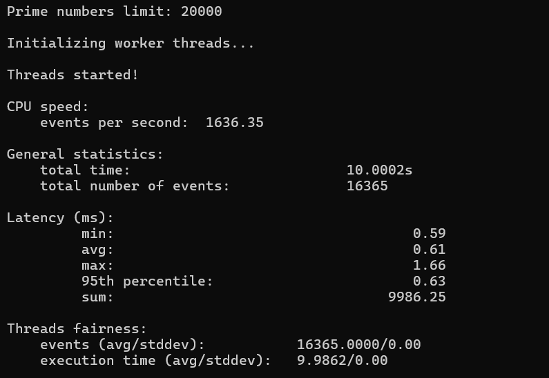 Hostinger VPS CPU benchmark showing 1,636 events per second single-core performance with sysbench test