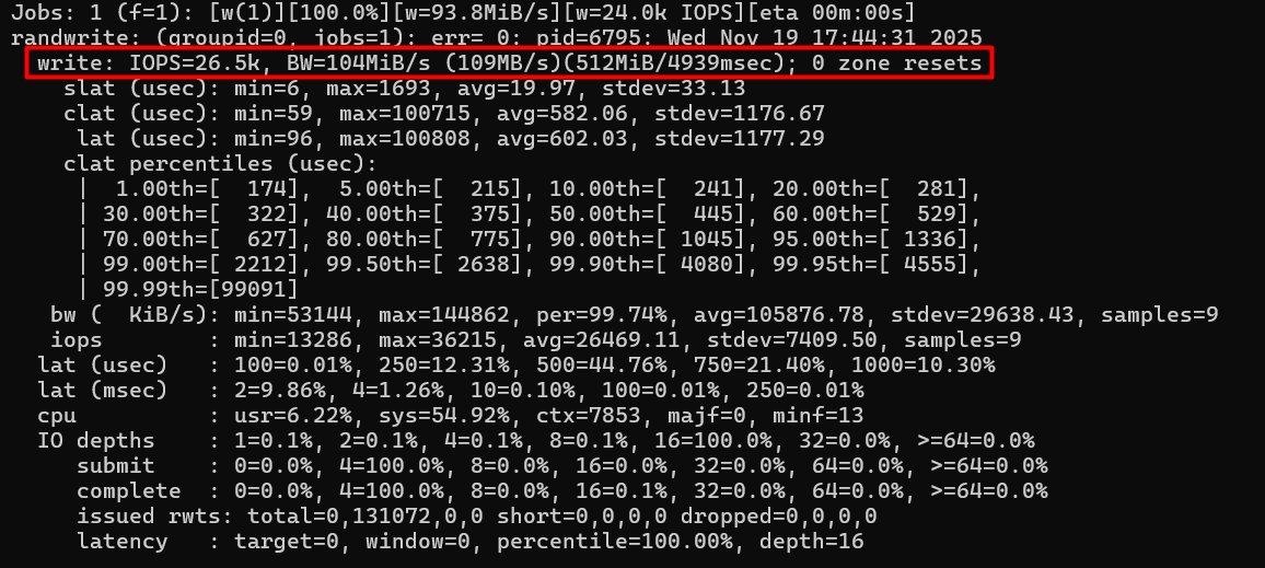 Hostinger VPS random write benchmark showing 26,500 IOPS with fio disk I-O test
