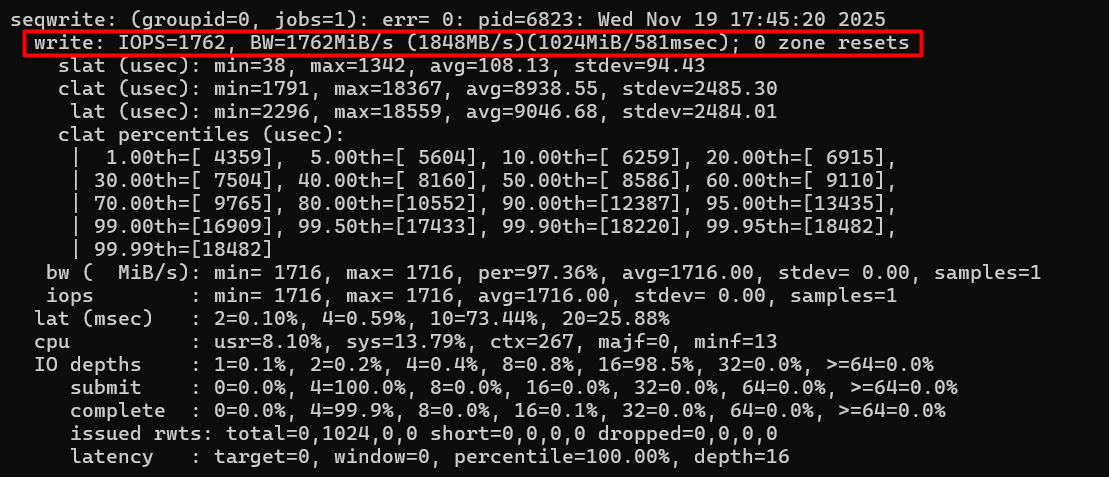 Hostinger VPS sequential write benchmark showing 1,762 MiB per second throughput