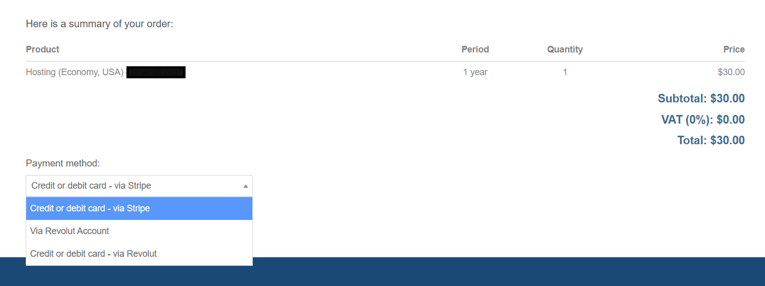 screenshot of ICDSoft Payment methods