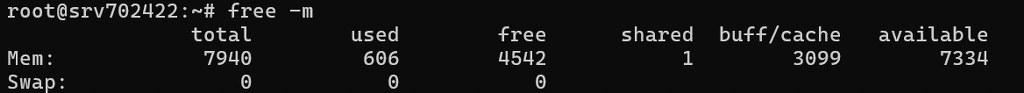 Linux free memory command showing available RAM and cache