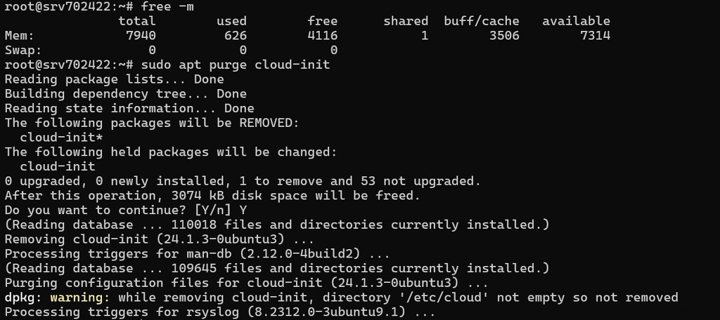 Linux server terminal showing memory usage and cloud init removal