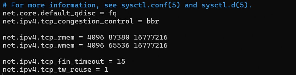 Linux sysctl network tuning configuration using BBR congestion control for VPS performance