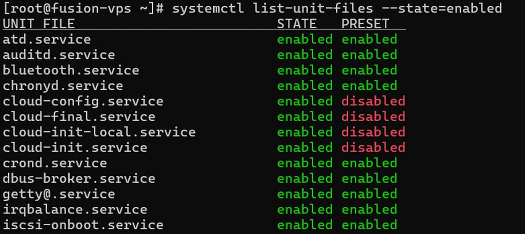 Linux systemctl list showing enabled services running on a VPS server