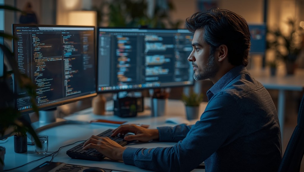 Male sitting in front of a computer with a focused expression, creating a high performing website.