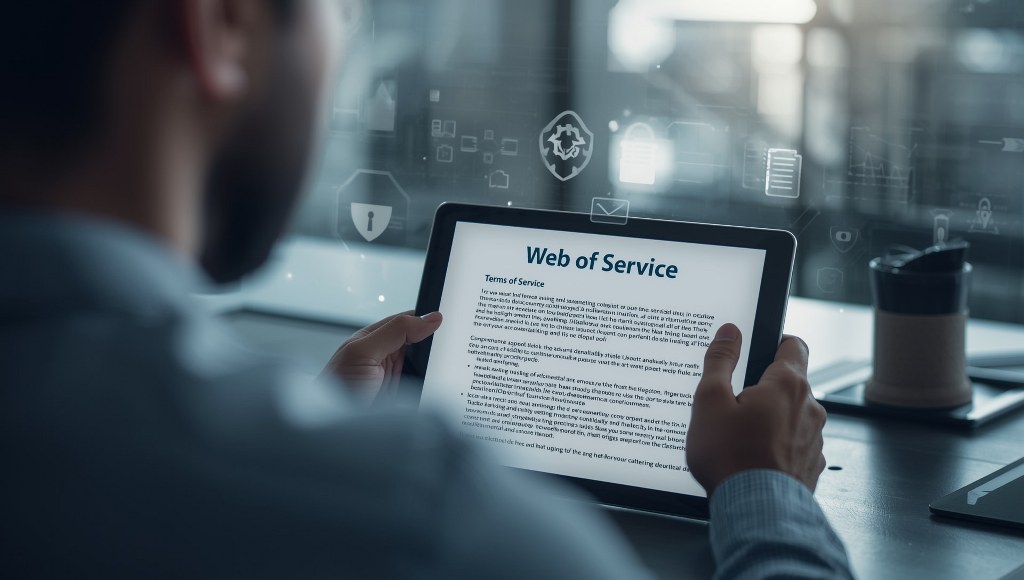 Man sitting at a desk reading a web hosting service policy on a tablet.