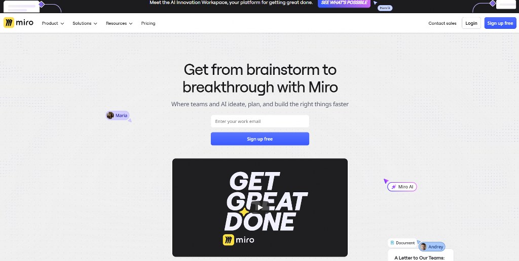 Miro's website homepage.