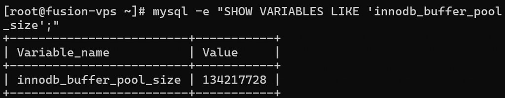 MySQL command output displaying current InnoDB buffer pool size configuration