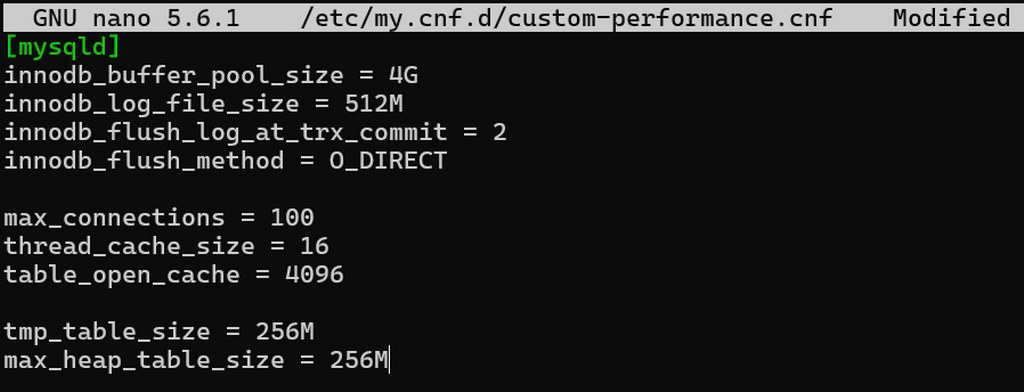 MySQL performance tuning configuration with InnoDB buffer pool and log file optimization