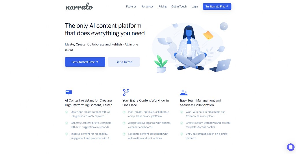 Narrato's website homepage.