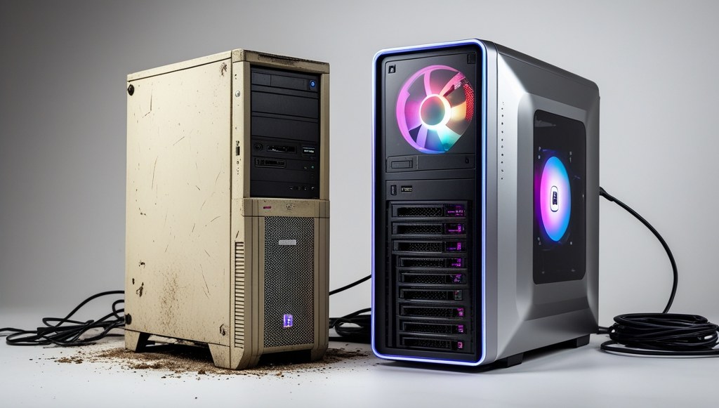 Old computer tower next to modern server hardware upgrade