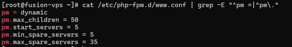 PHP-FPM process manager configuration with dynamic mode and max children settings on VPS