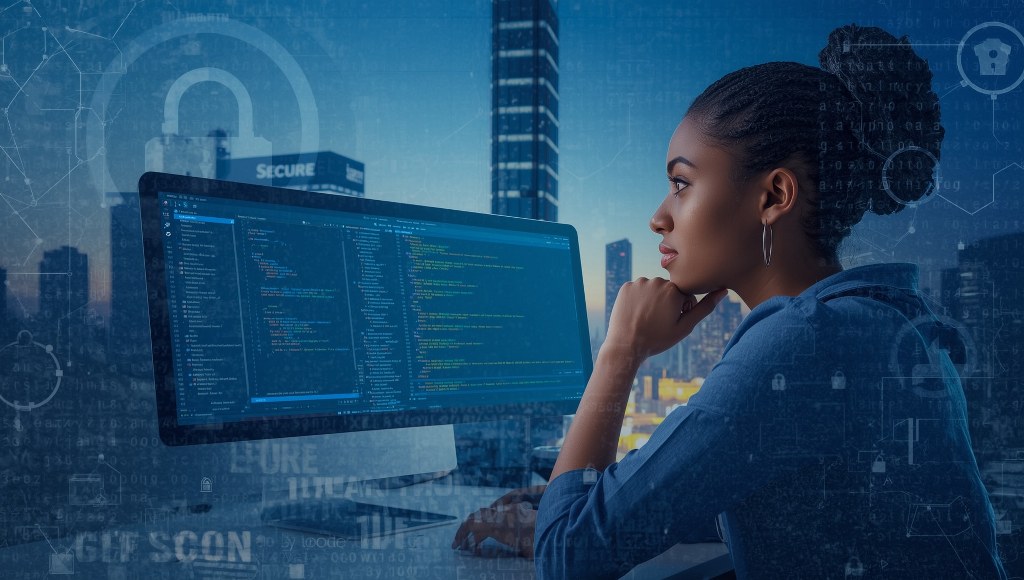 Person sitting in front of a computer with a thoughtful expression, surrounded by lines of code on the screen.