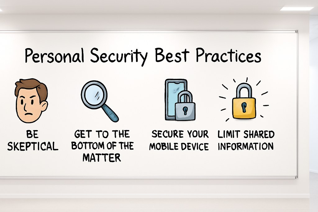 Personal security best practices on a whiteboard.