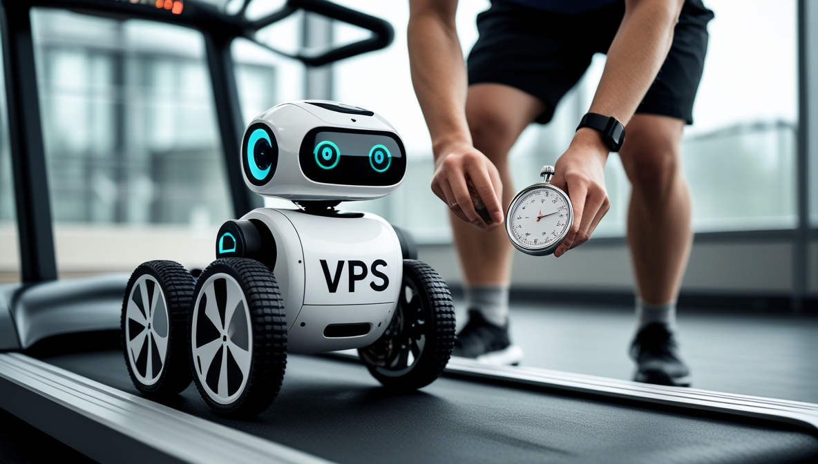 Robot labeled VPS being timed for performance speed test